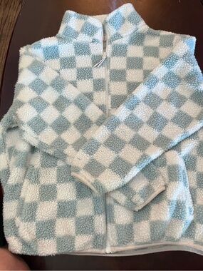 Women's Checker Sherpa Half-Zip Pullover - Light Blue & White